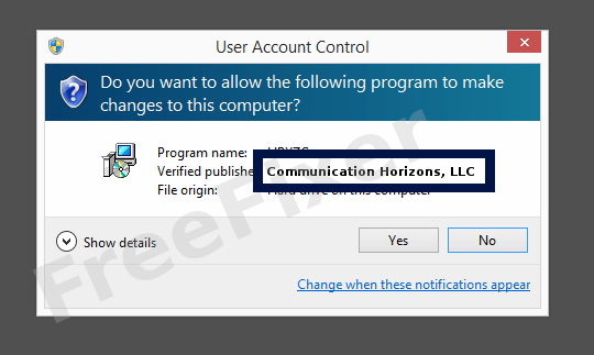 Screenshot where Communication Horizons, LLC appears as the verified publisher in the UAC dialog